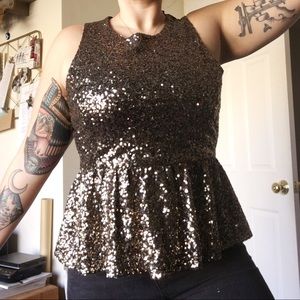 GOLD SEQUINS Peplum Top with exposed zipper back